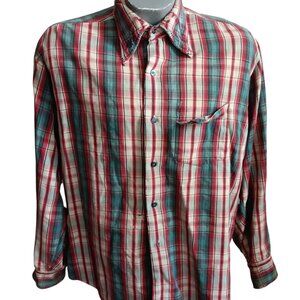 Men's Large Vintage Skater Shirt 70's Plaid Cotton Distressed Red/Teal 16-16.5